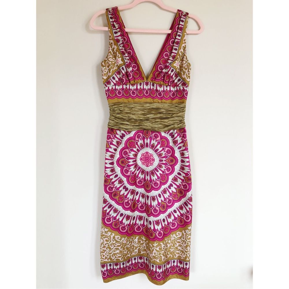 Nicole Miller Collection Women's Silk V Neck Ruched Waist Midi Dress
